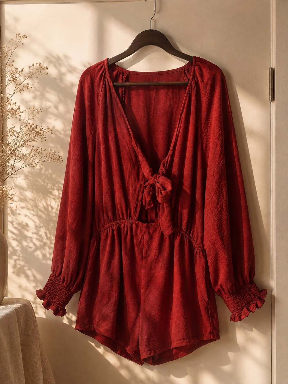 Tied Flounce Sleeve Plunge Romper